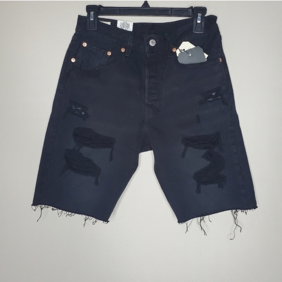 Free People X Levi's Black 501 High Rise Distressed Slouch Denim Jorts Shorts - Picture 4 of 11